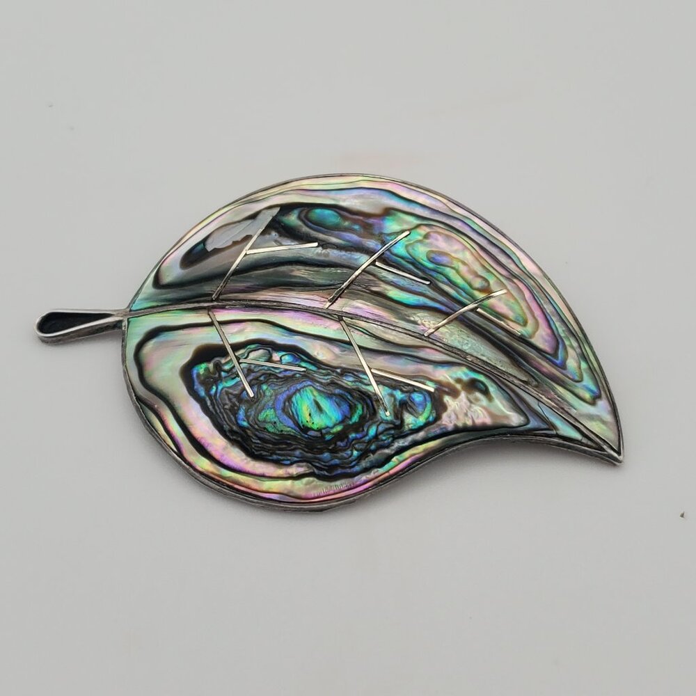 Vintage Sterling Silver Abalone Leaf Brooch – 925 Marked